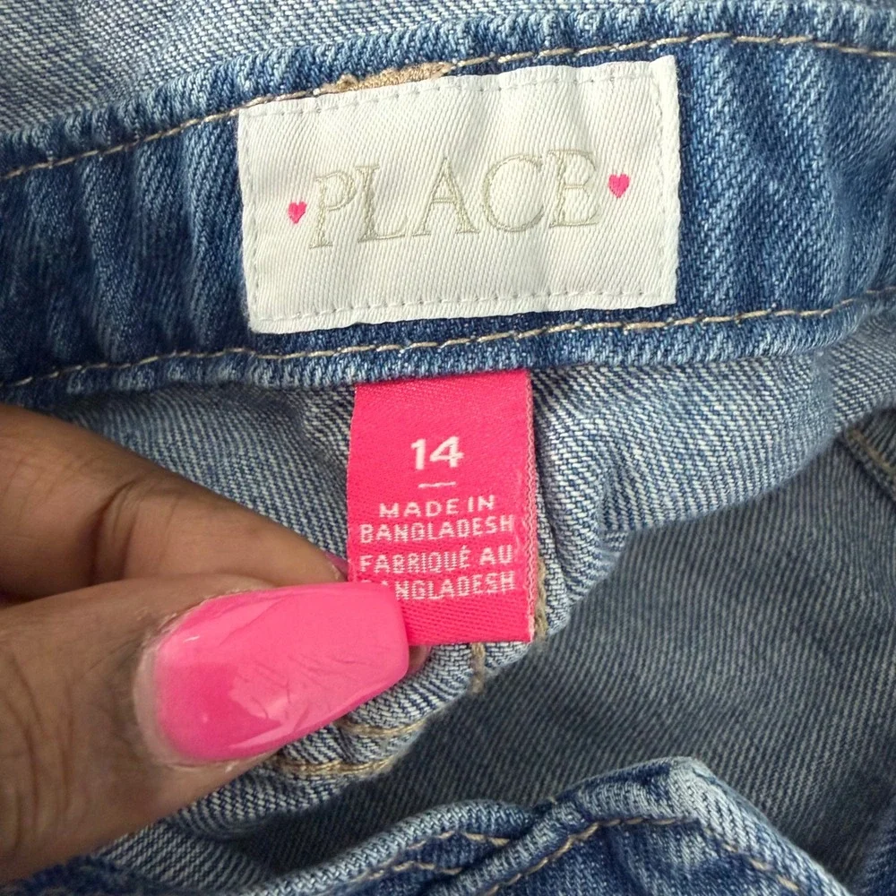 The Childrens Place Girls Denim Overall Dress Blue Distressed Raw‎ Hem Size 14